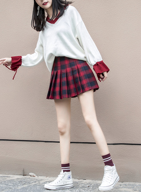 红色百褶裙2022新款女秋冬小个子显瘦百搭少女格子短裙半身裙子