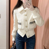 乡美媚小香风白色翻领毛呢短外套女秋冬高级感百搭金属扣夹克上衣