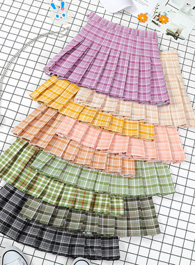 紫色格子百褶裙女夏天高腰小短裙绿色显瘦a字大码冬季半身裙裙裤