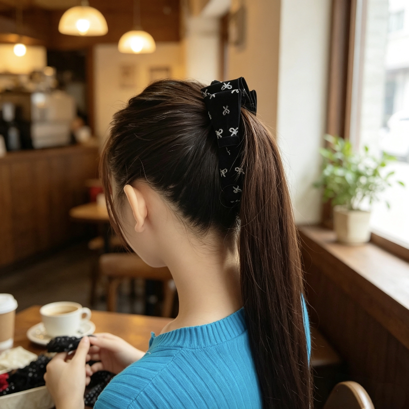 黑色印花蝴蝶结香蕉夹女高马尾竖夹后脑勺通勤防滑气质发夹子精致