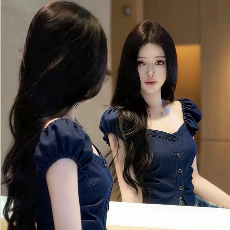 纯欲辣妹风藏蓝色方领泡泡袖上衣女夏季收腰显瘦短款牛仔衬衫