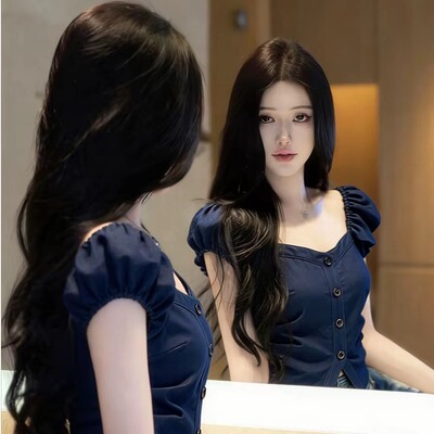 纯欲辣妹风藏蓝色方领泡泡袖上衣女夏季收腰显瘦短款牛仔衬衫