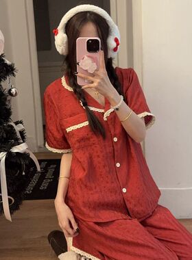 夏天薄款国风潮流天丝棉睡衣女简约短袖长裤休闲本命年结婚伴娘红