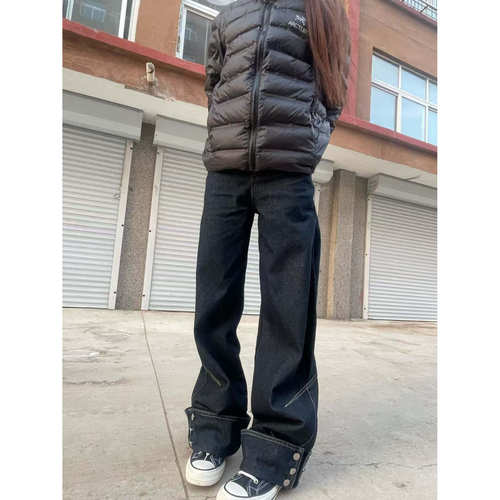 Promiseme深蓝美式宽松阔腿牛仔裤男女新款垂感慵懒休闲直筒裤