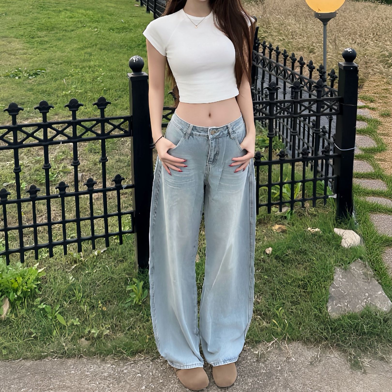 牛仔裤女秋季设计感高街拖地长裤