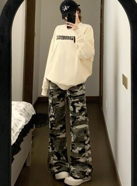 Promiseme显瘦口袋宽松休闲迷彩裤男复古拖地vibe工装长裤