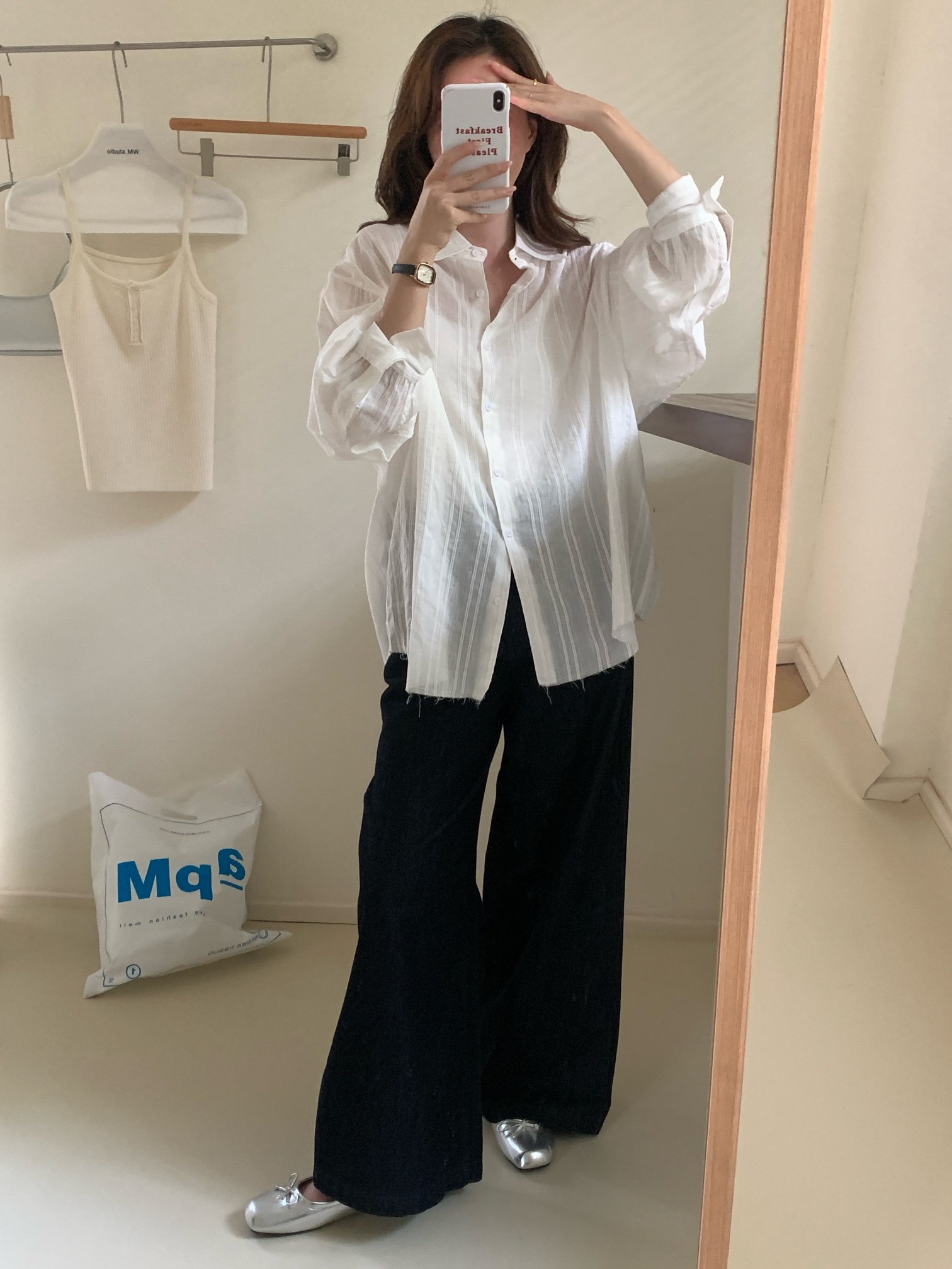 2024初秋新款 宋慧乔同款白色条纹衬衫 百搭宽松长袖防晒衫女士