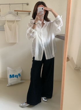 2024初秋新款 宋慧乔同款白色条纹衬衫 百搭宽松长袖防晒衫女士