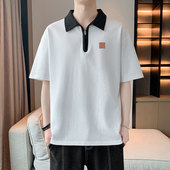 港风潮牌拉链短袖 翻领T恤 潮流青年菠萝格高级感半袖 POLO衫 男夏季