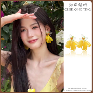 2025超火耳环海边度假风超仙黄色独特漂亮耳钉适合方圆脸 耳饰