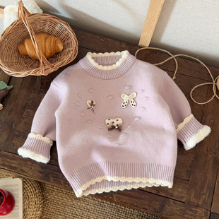 女童一体绒毛衣冬季2025新款儿童针织打底衫加绒加厚女宝宝毛线衣