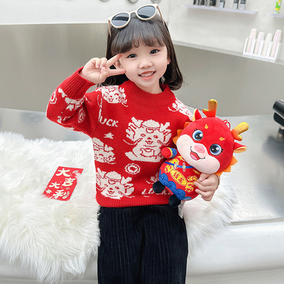 女童冬装圣诞节加绒毛衣儿童洋气毛线衣女宝宝水貂绒新年服针织衫
