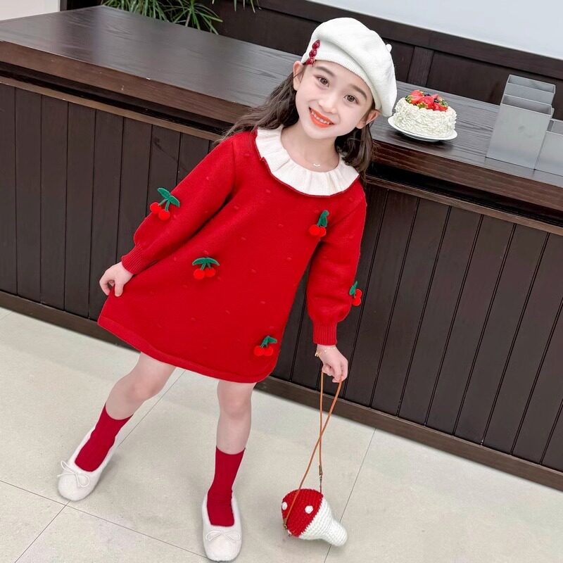 女童秋冬季连衣裙新款拜年服女宝宝针织衫礼服过年衣服毛衣公主裙