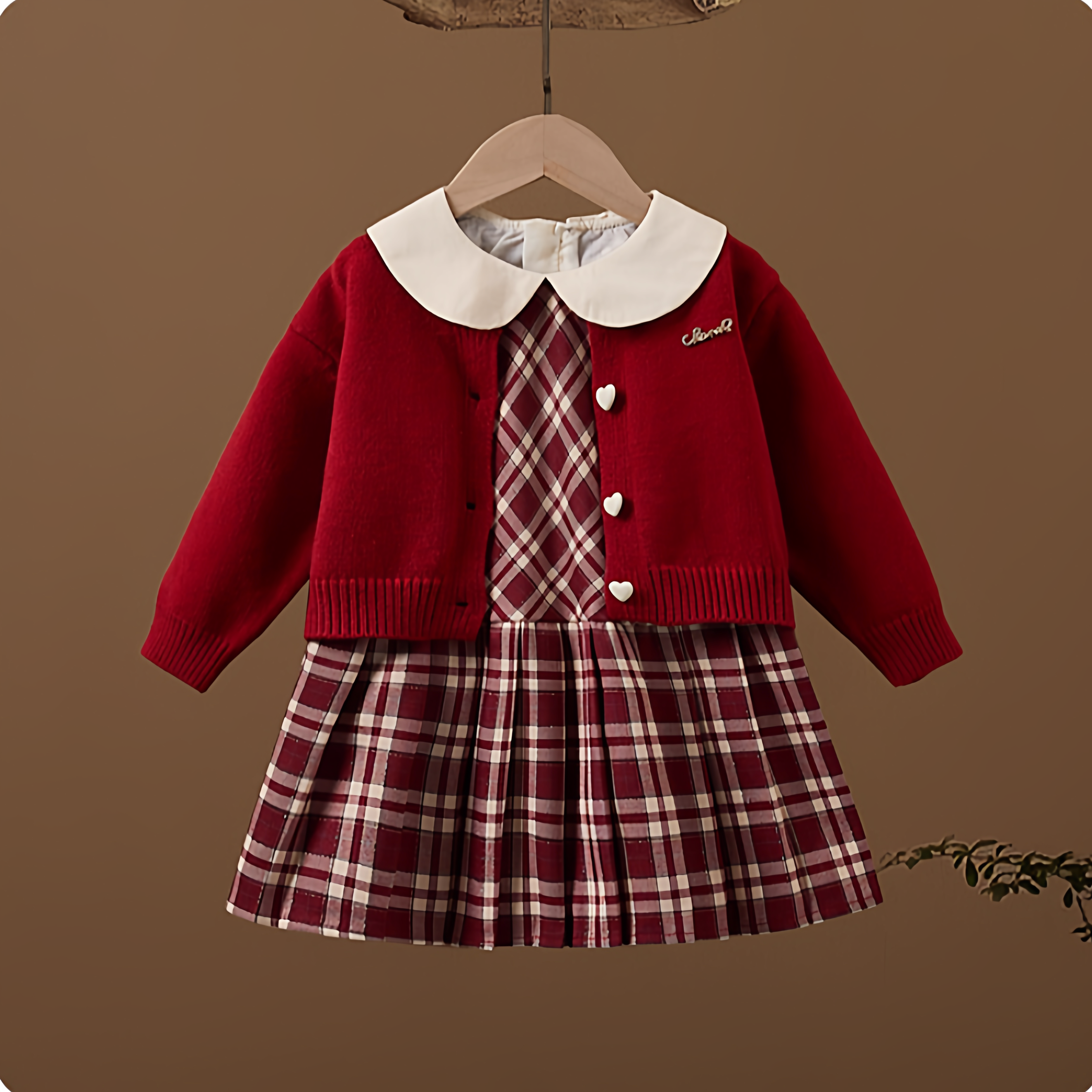 春秋季新款针织衫毛衣外套格子连衣裙百搭学院风JK裙子中小童开衫