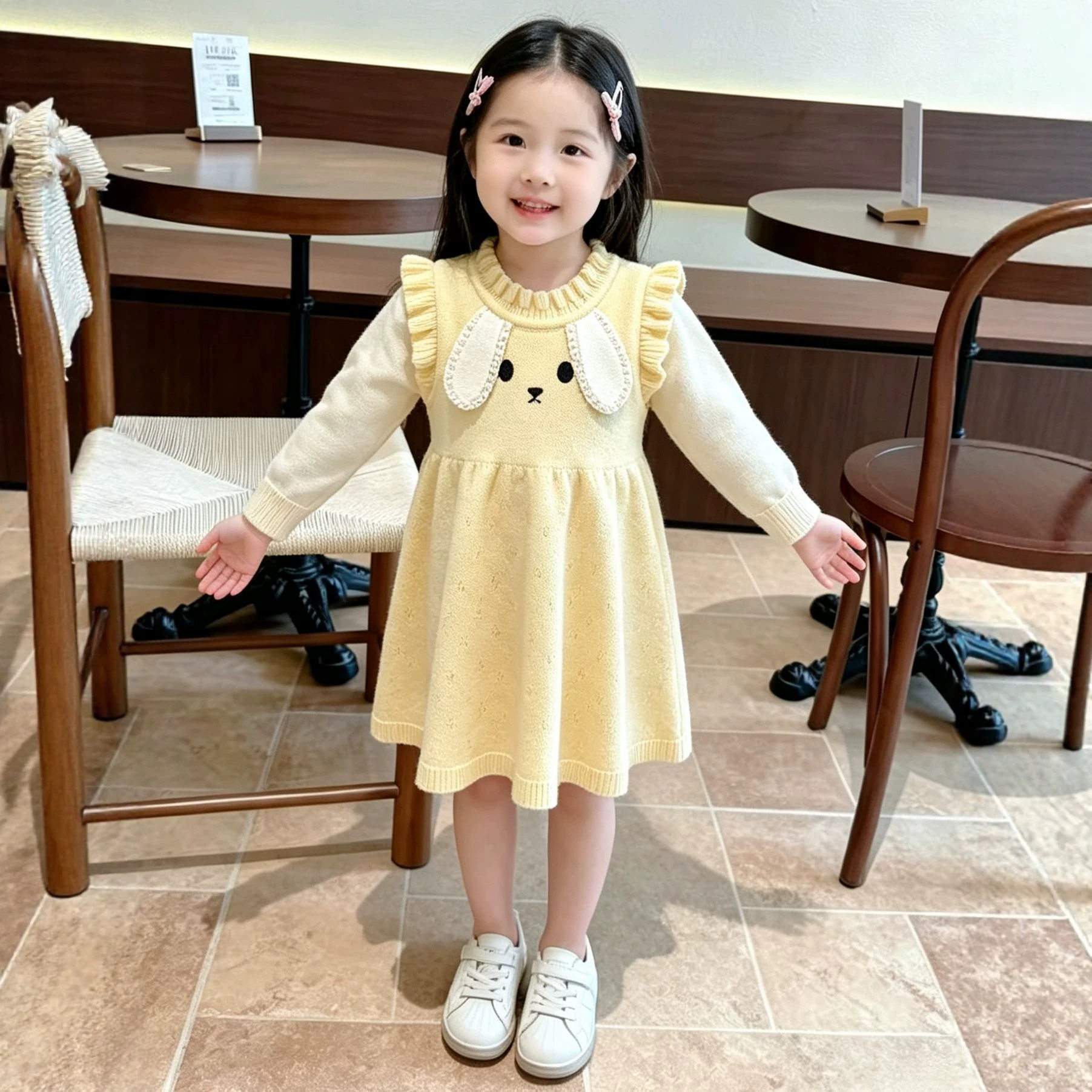 女童假两件针织连衣裙春秋宝宝可爱兔子刺绣毛衣裙子小童洋气童装