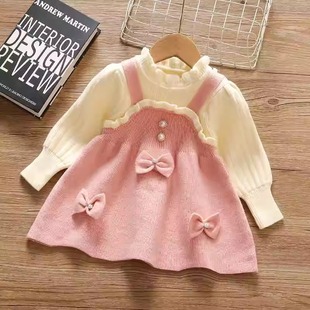 女童毛衣连衣裙秋冬款2025新款洋气时髦儿童公主裙蝴蝶结女孩裙子