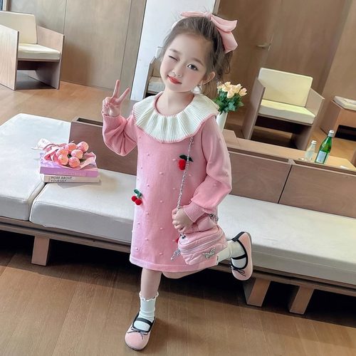 女童樱桃娃娃领针织衫毛衣裙子秋冬2025新款儿童女宝宝直筒连衣裙