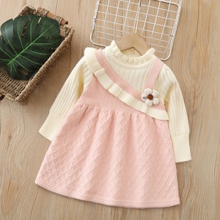 女童红色毛衣针织长裙秋冬新款儿童宝宝花边连衣裙甜美长袖拜年裙