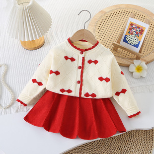 女童毛衣套装2025春秋季女宝宝洋气开衫小女孩韩版公主风百褶裙子