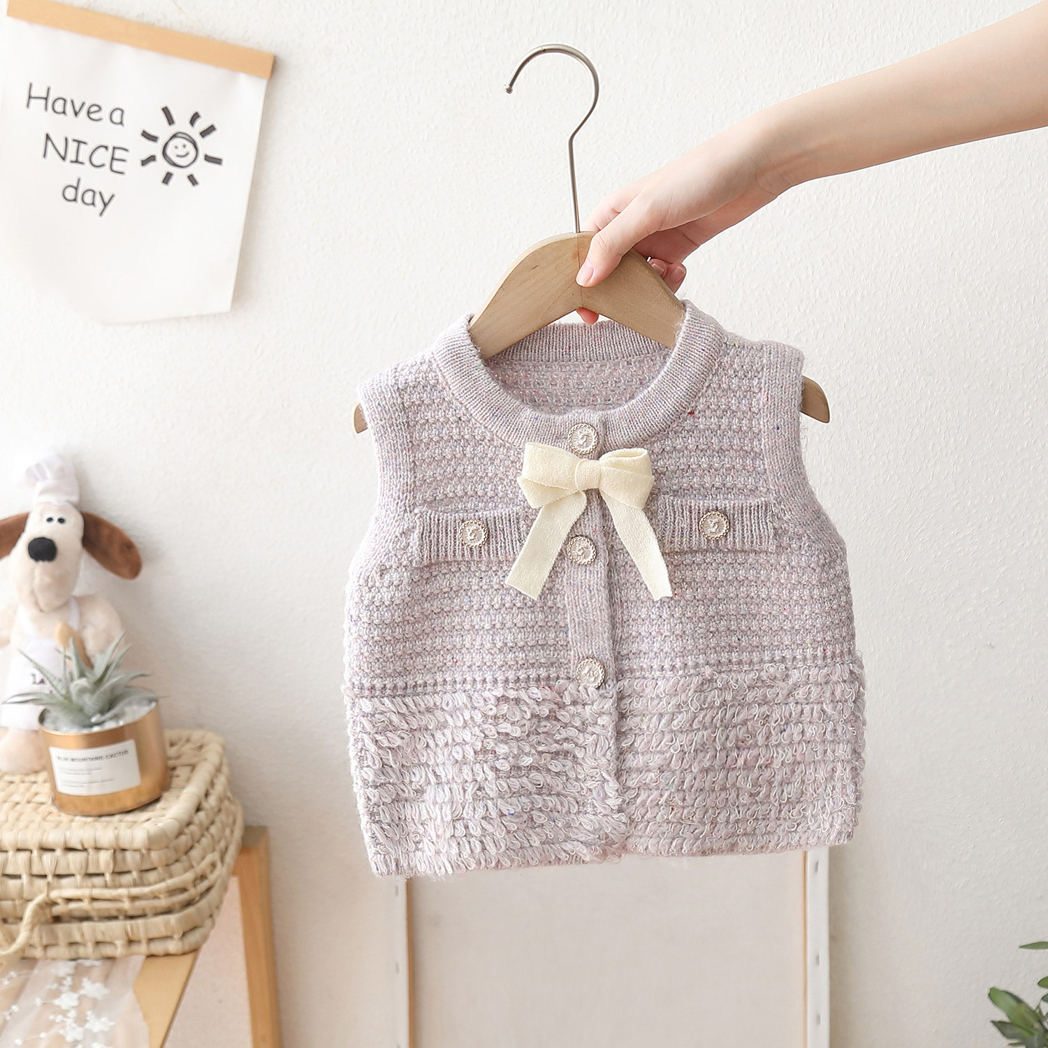 女童春秋蝴蝶结开衫马甲百搭坎肩秋季新品儿童小香风针织毛衣马夹