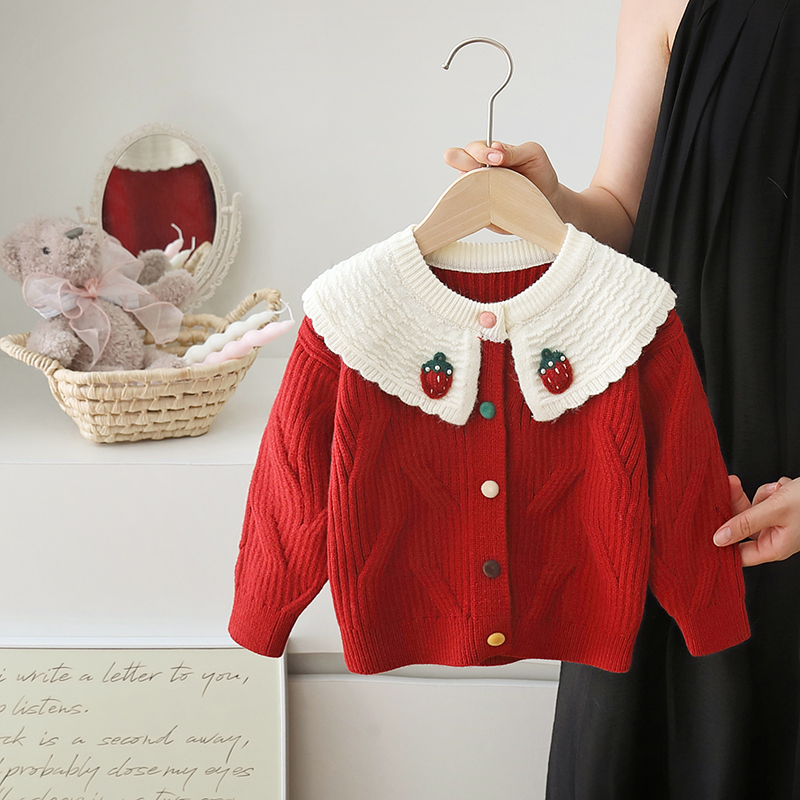 女童针织衫开衫外套翻领毛衣