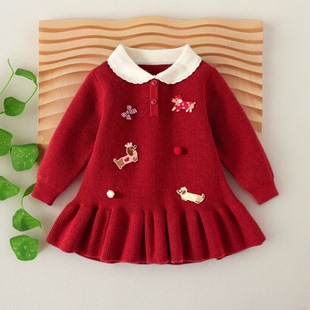 女童针织衫连衣裙秋冬装洋气儿童加绒一周岁女宝宝礼服抓周宴毛衣