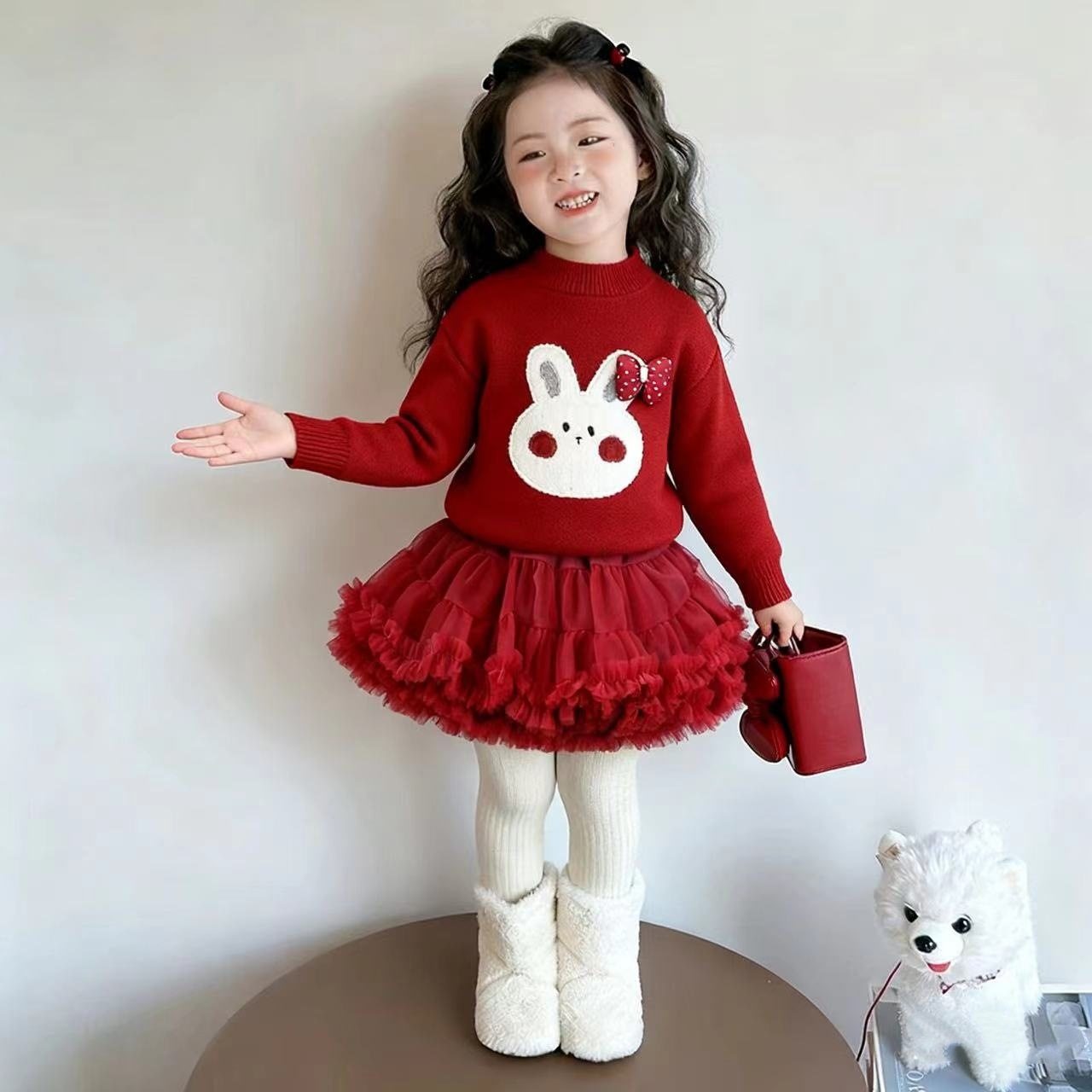 女童针织衫毛衣两件套装秋冬装女宝宝一体绒打底衫tutu蓬蓬公主裙