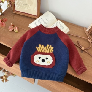 男宝宝加绒毛衣秋冬加厚男女童针织打底衫儿童内搭卡通拼色毛线衣