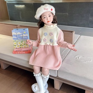 童装女童假两件针织裙洋气秋冬装2025新款周岁裙子女宝连衣裙礼服
