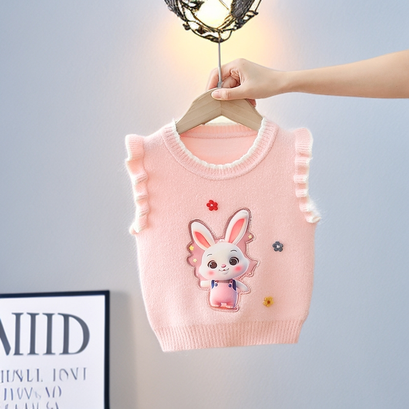 女宝宝针织背心马甲女童2025新款小童春秋装洋气卡通兔子毛衣坎肩