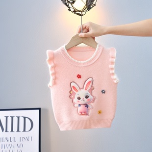 女宝宝针织背心马甲女童2025新款小童春秋装洋气卡通兔子毛衣坎肩
