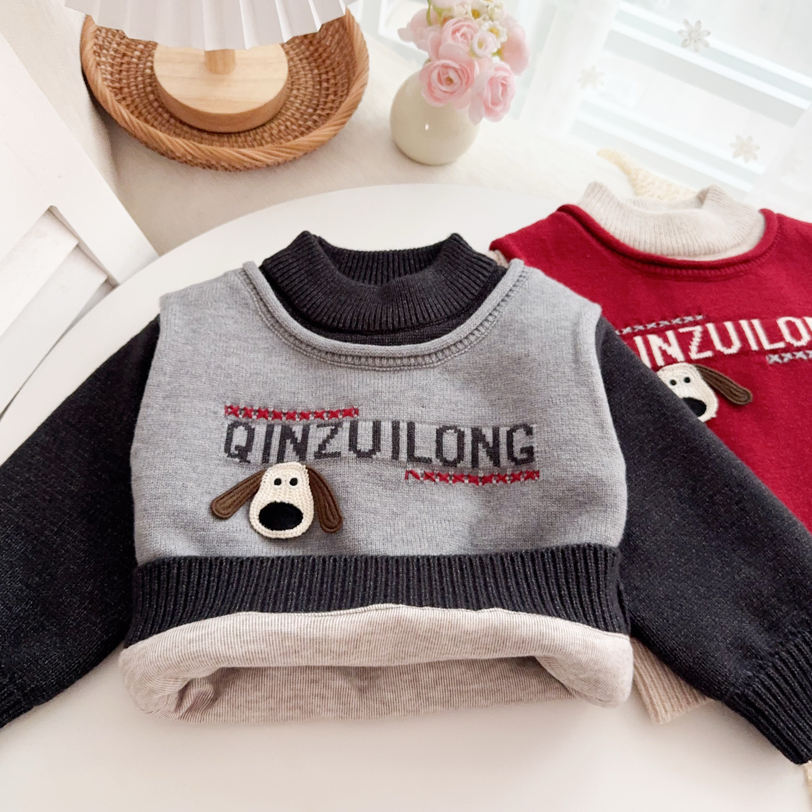 冬季儿童加绒毛衣男童针织衫女宝宝加厚卡通中小童打底衫内搭上衣