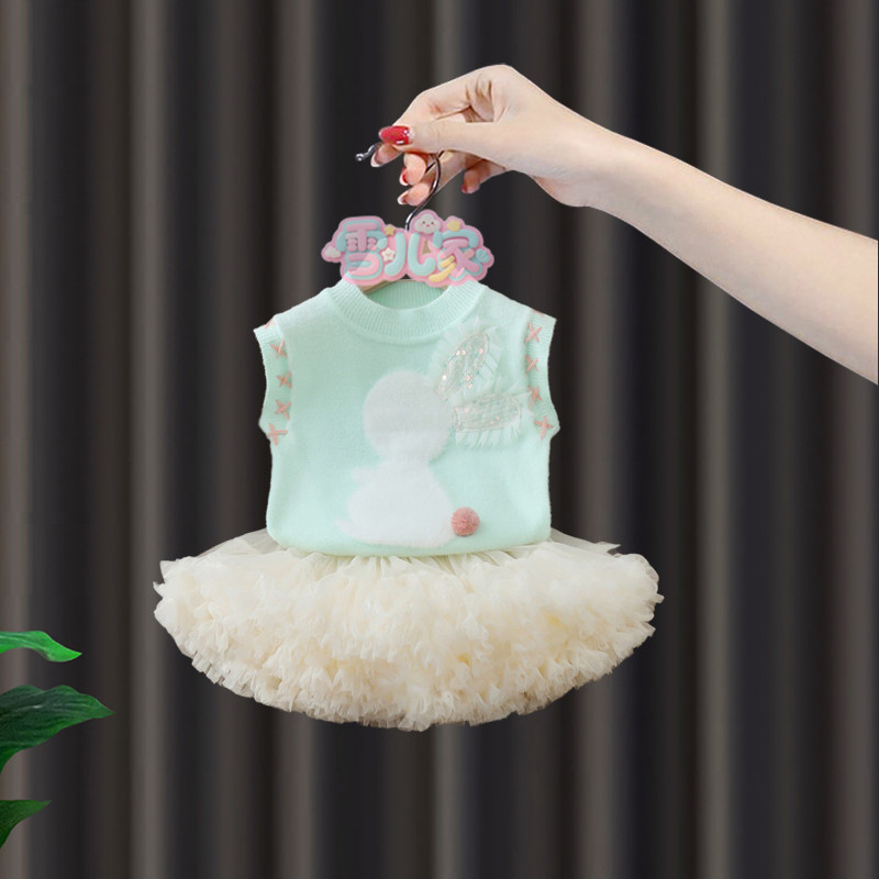 女童针织衫套装春秋2025新款洋气儿童网纱裙子上衣女孩薄款两件套