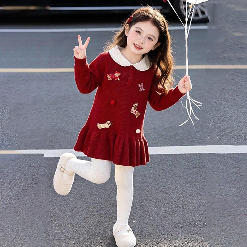 女宝宝红色拜年裙加绒针织连衣裙儿童过年喜庆毛衣生日宴抓周礼服