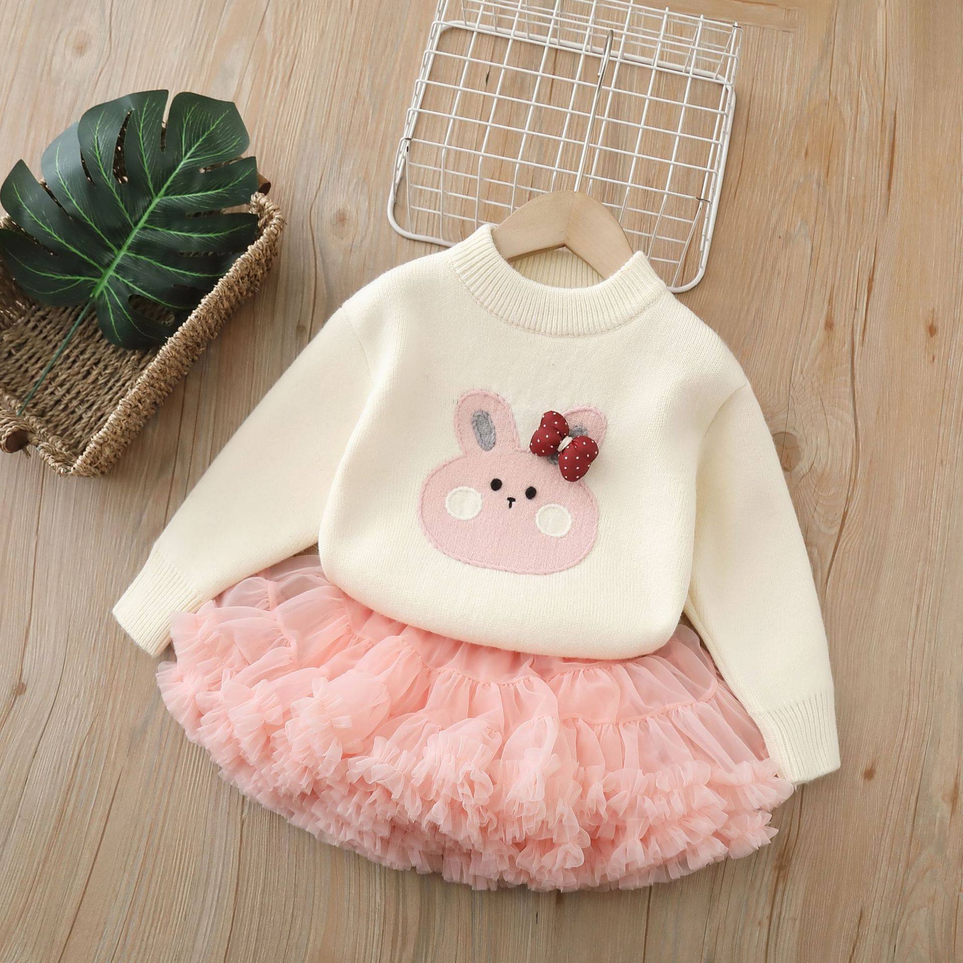 女童打底衫毛衣儿童针织衫红色tutu裙过年衣服卡通公主风冬装套装