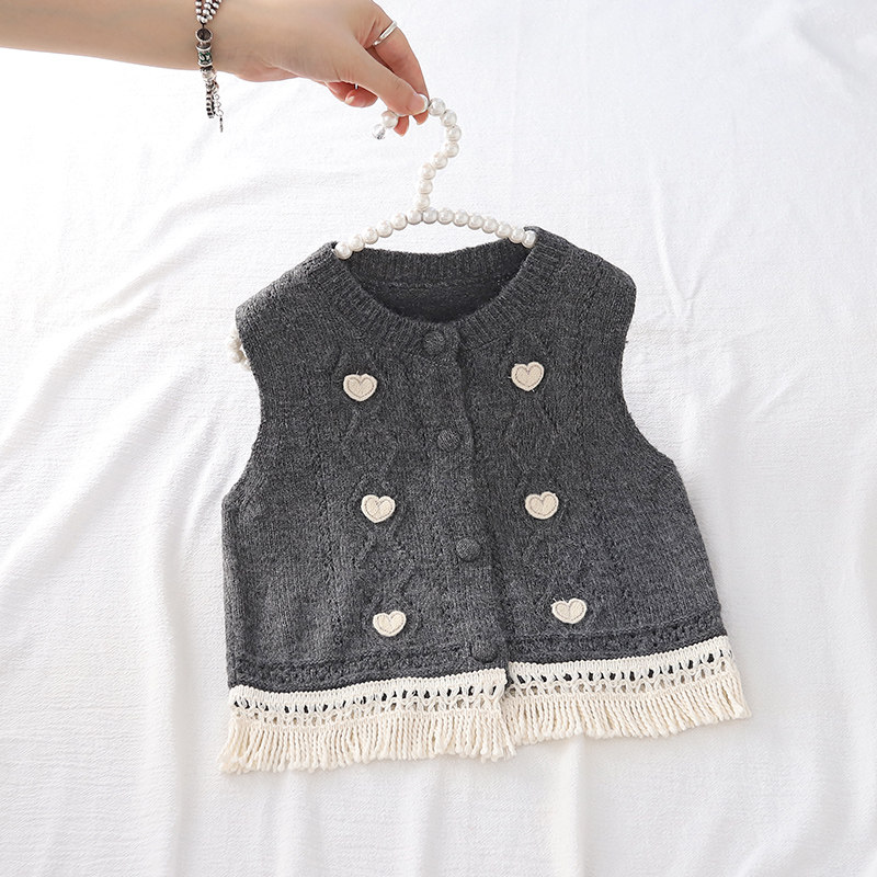 宝宝针织毛衣马甲女童开衫外套春秋新款流苏桃心婴儿童背心1234岁