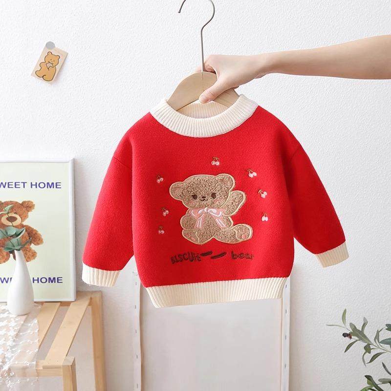 女童冬季加绒毛衣儿童卡通内搭宝宝加绒加厚上衣一体绒打底针织衫