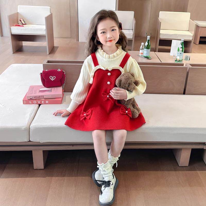 女童针织衫假两件连衣裙2025新款儿童毛衣裙宝宝秋冬季时髦公主裙