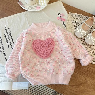 女童水貂绒加绒毛衣秋冬季新款小女孩立体爱心圆领打底针织衫上衣