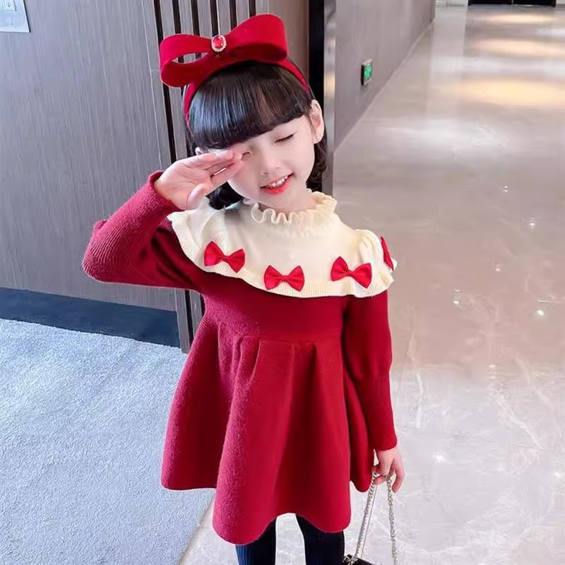 女童加绒连衣裙秋冬2025新款女宝宝红色针织毛衣裙洋气女孩新年装