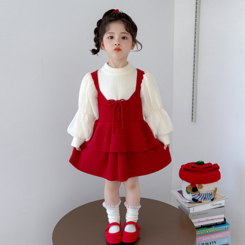女童秋季针织泡泡袖连衣裙