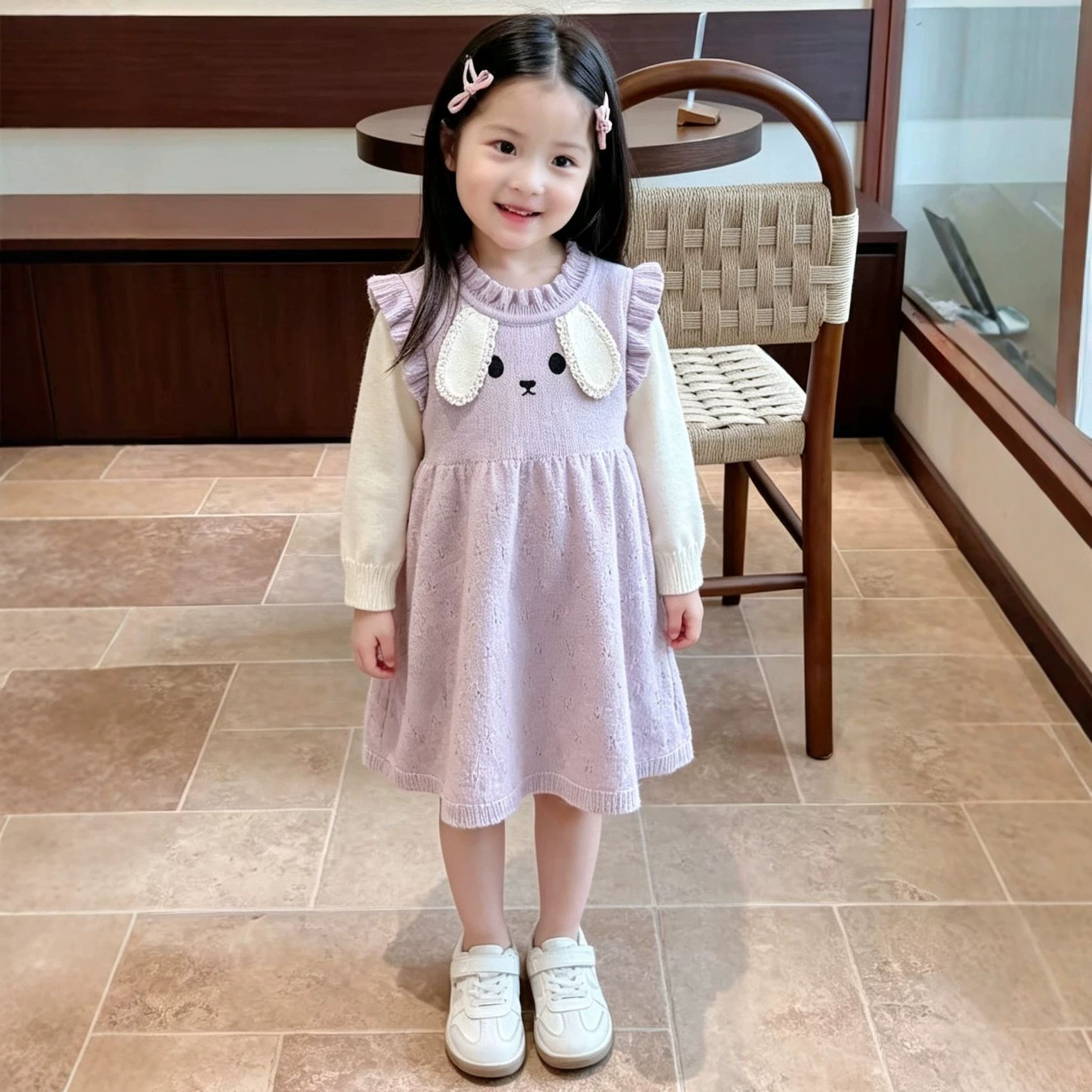 女宝宝卡通兔子针织裙春秋新款女童木耳边假两件长袖毛衣连衣裙子