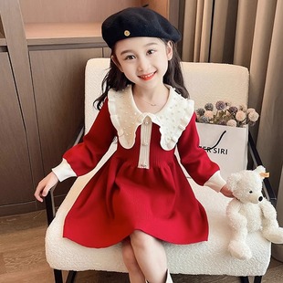 小女孩洋气连衣裙毛衣儿童公主裙荷叶领针织衫 新款 秋冬季 女童套装