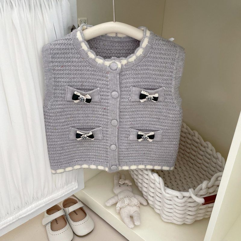 女童针织毛衣开衫马甲秋冬新款儿童洋气小香风女宝宝蝴蝶结上衣潮