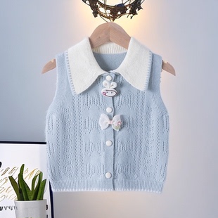 女童针织毛衣马甲2025新款春秋季翻领薄款开衫外套儿童装宝宝上衣