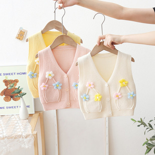 宝宝马甲女童针织背心外穿开衫女孩花朵坎肩马夹儿童毛衣衬衣套装