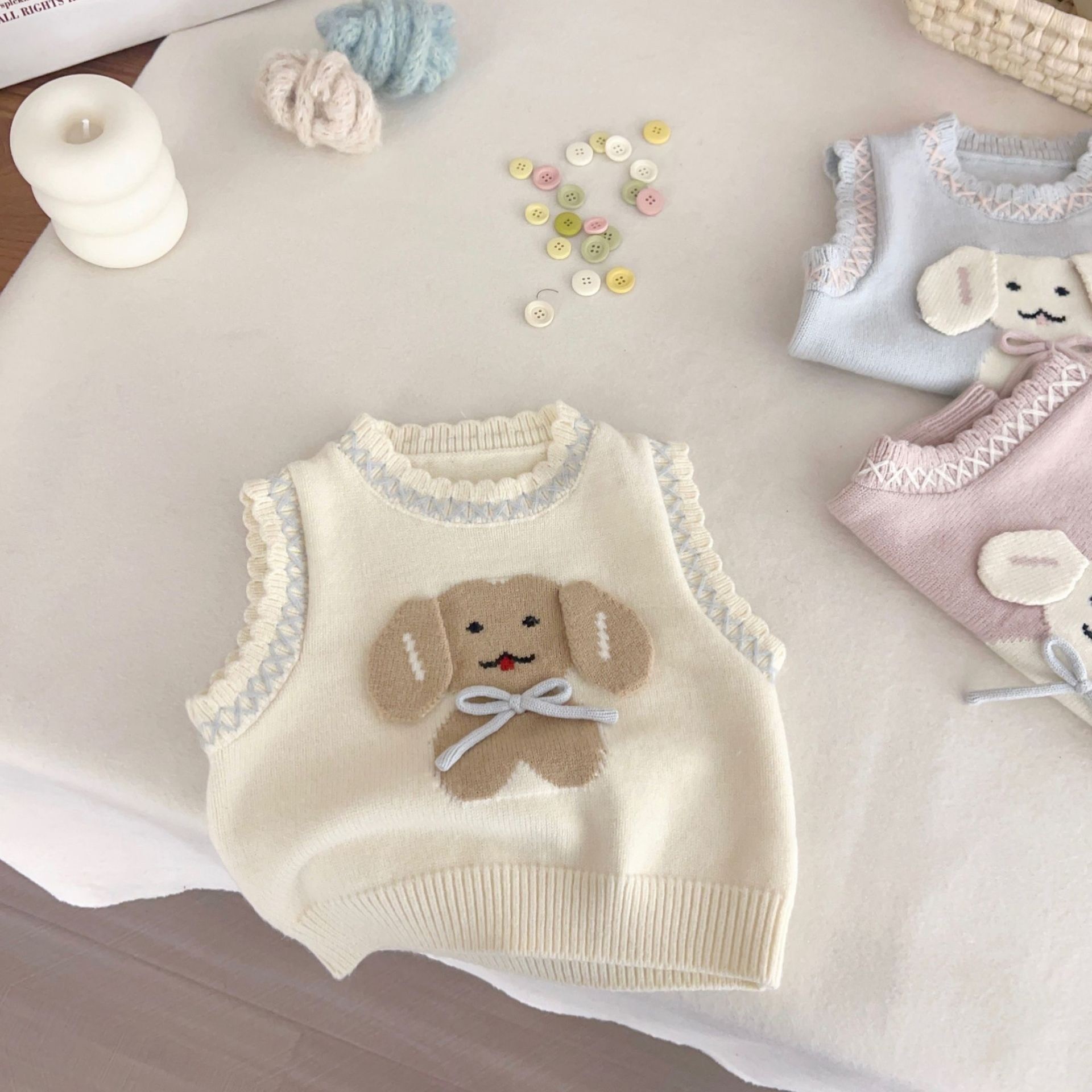 婴儿女童针织衫马甲春秋女宝宝套头卡通背心毛衣儿童小狗坎肩上衣