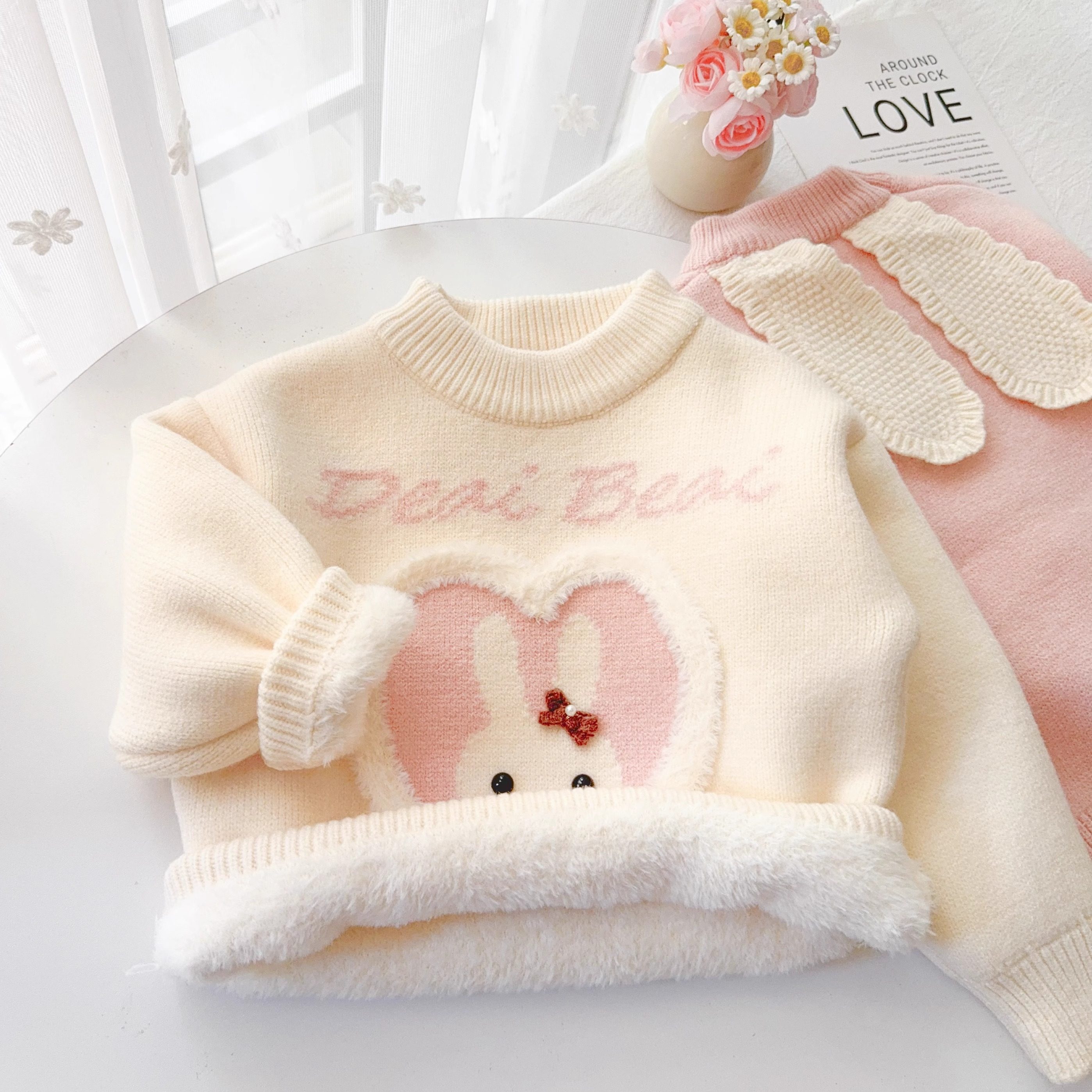 女童一体绒毛衣宝宝针织衫加绒新款儿童卡通内搭上衣冬装打底衫