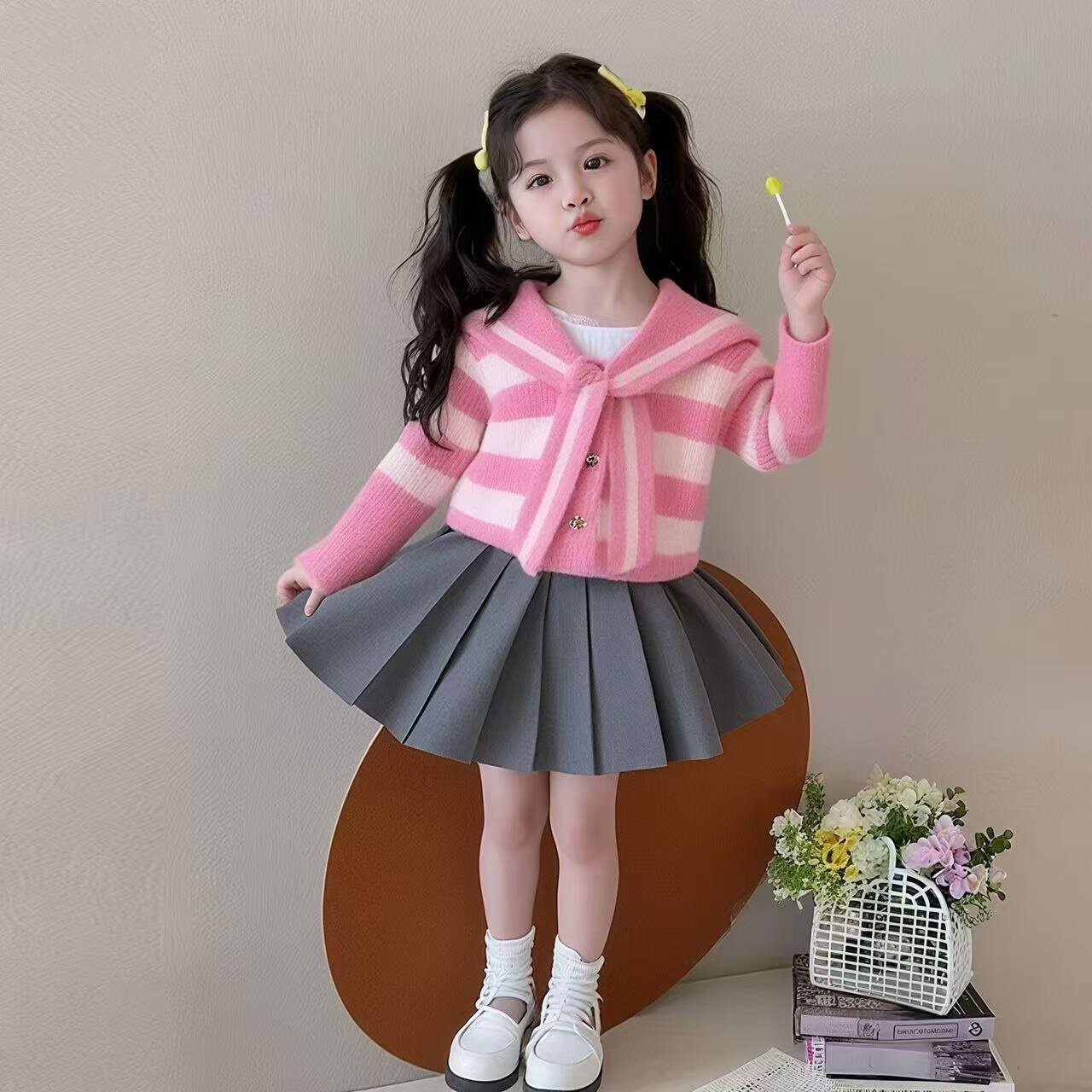 女童学院风针织毛衣JK百褶裙两件套秋冬季新款洋气女孩毛线衣套装