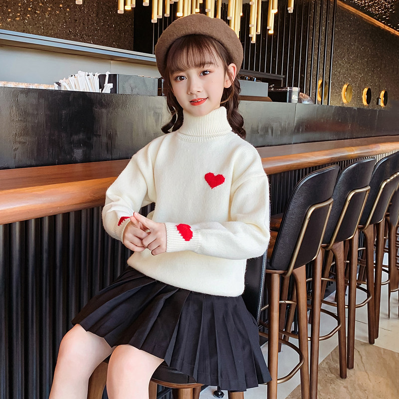 女童加绒加厚针织衫高领毛衣2025新款小童秋冬爱心内搭打底衫上衣